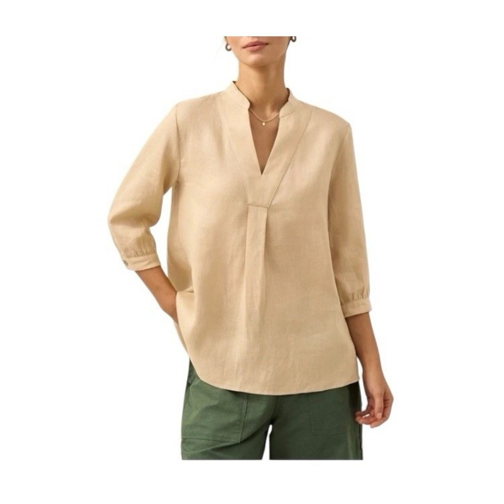 Linen Shirt Top Lintico Beige Pullover V-neck Resort Travel Cruise Career XL
